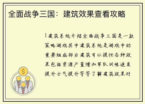 全面战争三国：建筑效果查看攻略