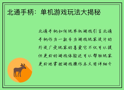 北通手柄：单机游戏玩法大揭秘